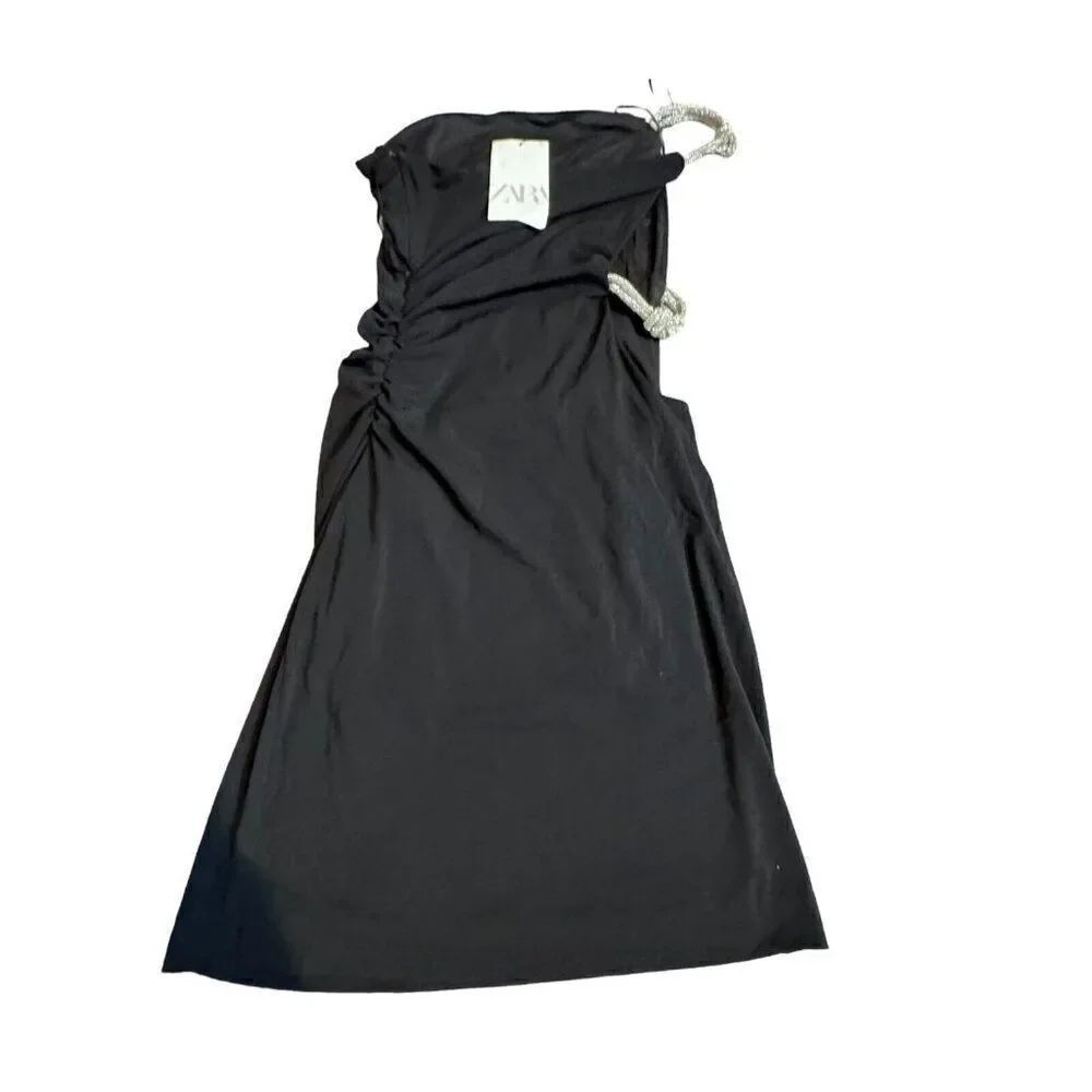 Zara Womens Mini Dress S Black Rhinestone shoulder Ruched Cut Out 7802/636 NWT - Picture 4 of 10